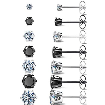 Silver Gold Black Stud Earrings Set 7Pairs Hypoallergenic Cubic Zirconia Titanium Stainless Steel Silver Rose Gold Black CZ Cartilage Stud Earrings Jewelry Sets for Women Men, 2-8mm CZ Stud Earrings - color: 7 Pairs Shiny Silver Black Stud Earrings