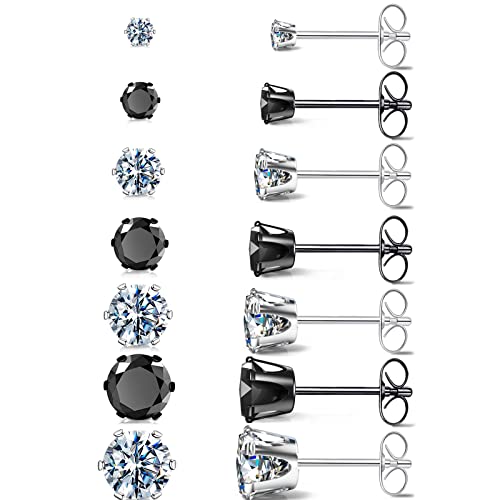 Silver Gold Black Stud Earrings Set 7Pairs Hypoallergenic Cubic Zirconia Titanium Stainless Steel Silver Rose Gold Black CZ Cartilage Stud Earrings Jewelry Sets for Women Men, 2-8mm CZ Stud Earrings - color: 7 Pairs Shiny Silver Black Stud Earrings