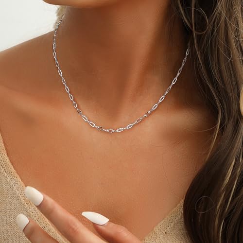 18K Gold Plated Paperclip Necklace Chain Dainty Choker Necklace for Women 14 15 17 inches - color: 2MM Silver, size: 17-19 inches