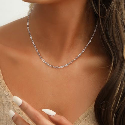 18K Gold Plated Paperclip Necklace Chain Dainty Choker Necklace for Women 14 15 17 inches - color: 2MM Silver, size: 17-19 inches