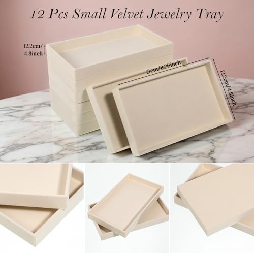 12 Pcs Velvet Jewelry Tray, 8.3x5x1 Inches Stackable Jewelry Drawers Organizer Trays JewelryStorage Display Trays for Necklace, Earring, Ring, Bracelet (Beige)
