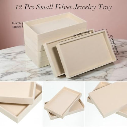 12 Pcs Velvet Jewelry Tray, 8.3x5x1 Inches Stackable Jewelry Drawers Organizer Trays JewelryStorage Display Trays for Necklace, Earring, Ring, Bracelet (Beige)