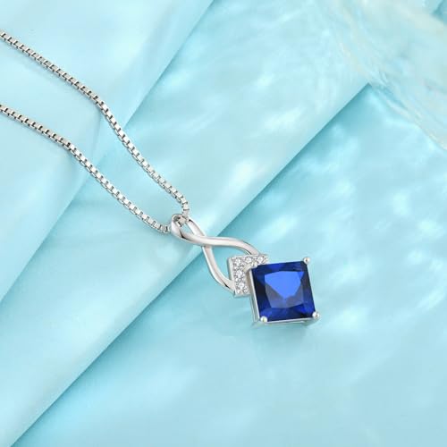 Infinity Necklace 925 Sterling Silver Princess Cut Pendant Birthstone Jewelry for Women - color: Royal Blue