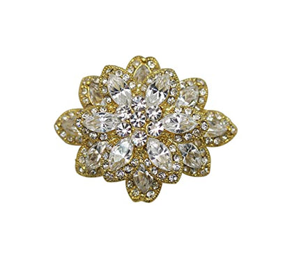 Faship Gorgeous Black Crystal Chunky Floral Pin Brooch - color: Clear/Gold