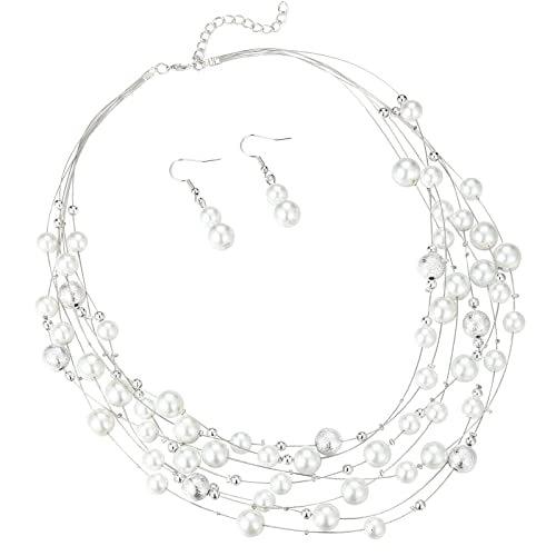 FULU AUTUMN Layered Pearl Necklace Multi-strand Pearl Choker Necklaces for Women Beaded jewelry for Wedding Parties - color: 37-White