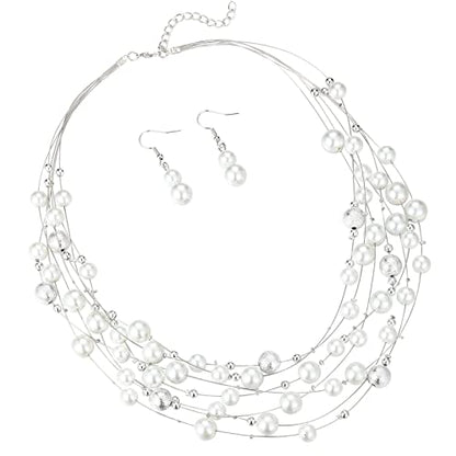 FULU AUTUMN Layered Pearl Necklace Multi-strand Pearl Choker Necklaces for Women Beaded jewelry for Wedding Parties - color: 37-White