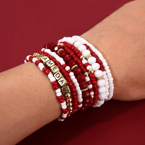 ZOLEAROPY Game Day Bracelets Stack Football Bracelets for Women Men Stackable Game day Bracelet Accessories Football Mom Outfit Jewelry Gifts - color: crimson white