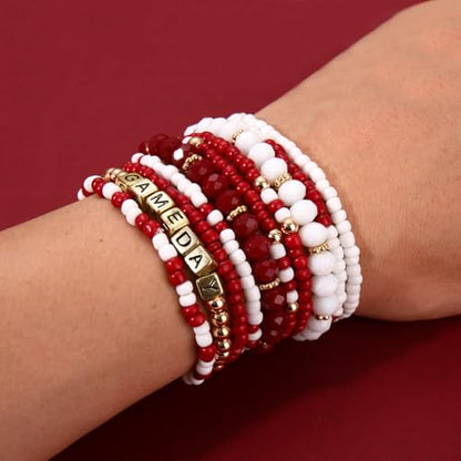ZOLEAROPY Game Day Bracelets Stack Football Bracelets for Women Men Stackable Game day Bracelet Accessories Football Mom Outfit Jewelry Gifts - color: crimson white