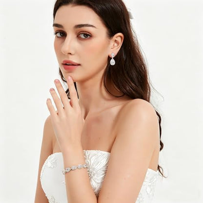 Bride Teardrop Earrings & Bracelet Wedding Jewelry Set, Cubic Zirconia Bridal Bridesmaid Party Formal Prom Gift - color: White Gold