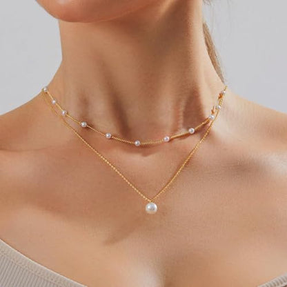 Pearl Necklace for Women, Dainty Pearls Choker Necklace for Women 14K Gold Plated Layered Pendant Necklace Handmade Gold Chain Necklace Everyday Jewelry Gift - color: Layered Satellite Pearl-Gold