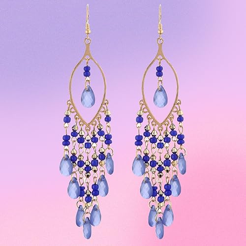 Essencedelight Crystal Beaded Tassel Earring Long Beaded Dangle Earring Fringe Hook Earring for Women Bridal Wedding - color: blue