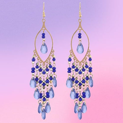 Essencedelight Crystal Beaded Tassel Earring Long Beaded Dangle Earring Fringe Hook Earring for Women Bridal Wedding - color: blue