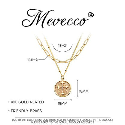 MEVECCO Dainty Pendant Layered Necklaces for Women | 18K Gold Plated Brass, 2-Piece Set With A Choker-Length Upper Layer, Wear Together Or Separately, Refined Everyday Style - style: Layer Round Cross