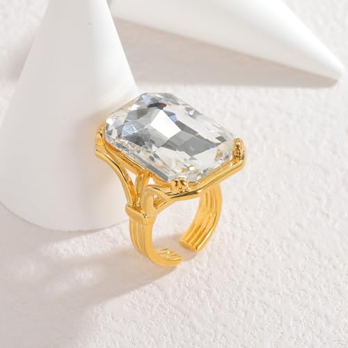 Bling Rhinestone Rectangle Statement Knuckle Cocktail Ring Adjustable Band for Women Trendy Geometric Sparkly Clear Crystal Chunky Open Finger Rings Engagement Wedding Promise Party Prom Jewelry Gift