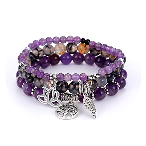 Tree of Life Yoga Healing Stone Bracelets,Multilayer Lotus Chakra Stone Reiki Bracelet Sets,Anxiety Crystal Natural Stone,for Women Stress Relief - style: Amethyst+Dragon's Vein Agate