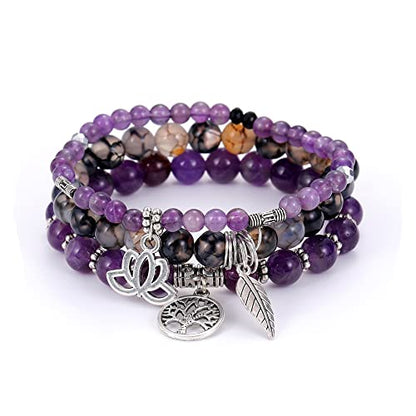 Tree of Life Yoga Healing Stone Bracelets,Multilayer Lotus Chakra Stone Reiki Bracelet Sets,Anxiety Crystal Natural Stone,for Women Stress Relief - style: Amethyst+Dragon's Vein Agate