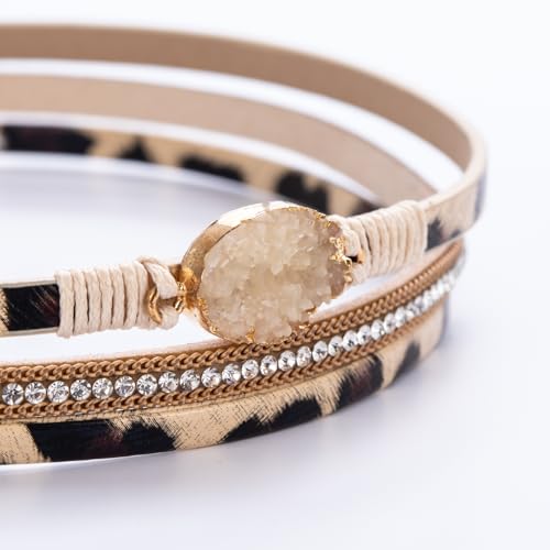 Boho Chunky Leather Wrap Bracelets Stackable Beaded Western Country Jewelry | Crystal Bead Trendy Layered Cuff Magnetic Clasp Stack Bohemian Statement Costume Outfits Cowgirl Fashion Hippie Accessories - color: Leopard, size: 14.7"