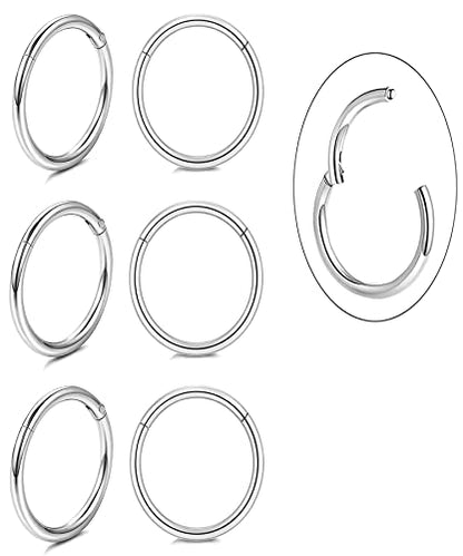 Unisex Dainty Tiny 18k Real Gold Plating Cartilage Huggie Hoop Earrings, 16G Surgical Steel Small Endless Hinged Hoops Earring for Earlobe Cartilage Helix Rook Daith Conch Nose Lip Body Piercing Jewelry - color: Silver 6mm