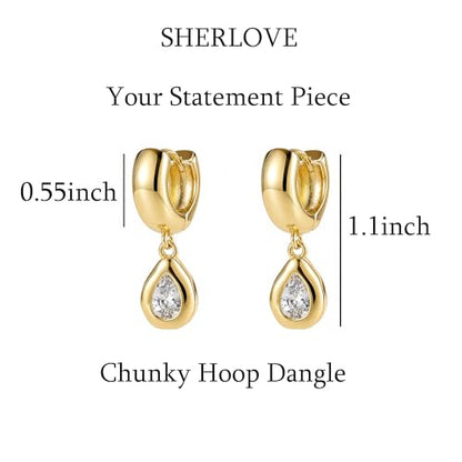 SHERLOVE Chunky Statement Gold Dangle Earrings Women Bezel Cubic Zirconia | 14K Gold Plated Huggie Hoop Drop,Dainty Trendy Elegant Fancy Formal,Hypoallergenic Lightweight Non tarnish,Statement Jewelry - color: Chunky Dangle Teardrop Gold