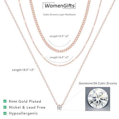 WomenGifts Layered Gold Necklaces for Women, 14K Gold Sterling Silver Plated Dainty Pendant Necklace Set Non Tarnish, Chunky Stackable Cuban Chain Choker, Trendy Birthstone Vacation Jewelry Gift - color: Rose Gold, style: Cubic Zirconia