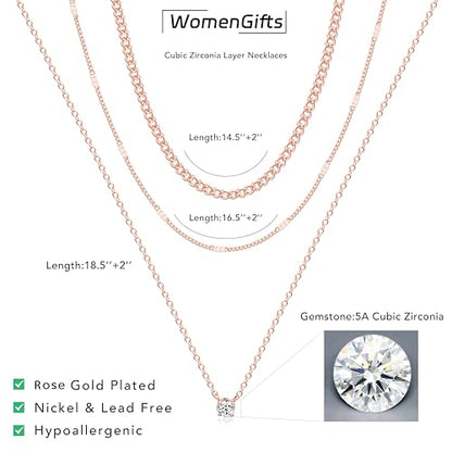 WomenGifts Layered Gold Necklaces for Women, 14K Gold Sterling Silver Plated Dainty Pendant Necklace Set Non Tarnish, Chunky Stackable Cuban Chain Choker, Trendy Birthstone Vacation Jewelry Gift - color: Rose Gold, style: Cubic Zirconia