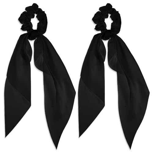 Mabor 2 Pcs Knotted Bow Satin Hair Scarf Scrunchies with Tail Hair Scrunchies Elastic Hair Scarf Ribbon Ponytail Holder for Women and Girls (Black)