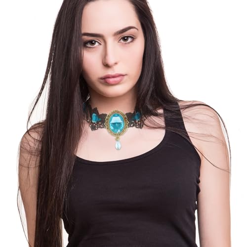 CSIYANJRY99 Gothic Choker Necklace for Women Halloween Red Crystal Vampire Choker Steampunk Lace Choker Witch Costume Accessories - style: Lake Blue