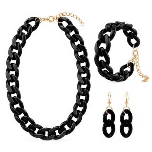 3 Pcs Acrylic Chunky Necklace Bracelet Earrings Set for Women, Bold Cuban Link Choker Necklace, Colorful Statement Jewelry Accessories for Party Outfit - color: Black