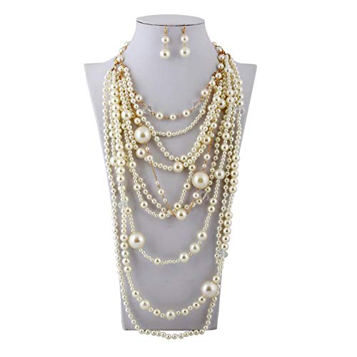 Multilayer Strand Chain Faux Pearls Flapper Beads Cluster Long Choker Necklace - color: Gold White Necklace+Pierced Earrings