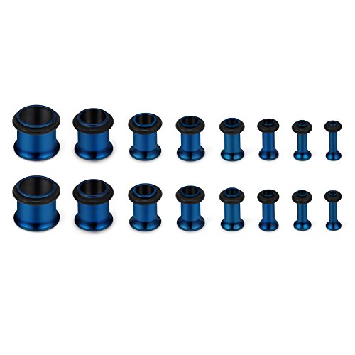 SCERRING 16PCS Ear Tunnels Stretching Kit Stainless Steel Gauge Plugs Set Single Flared Expanders 12G-00G (2mm-10mm) - color: 8Pairs - Blue