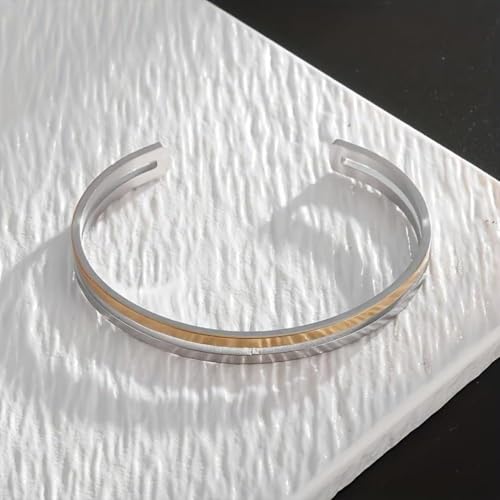 Simple polished titanium steel open bracelet, stainless steel C-shaped bracelet, adjustable double line bracelet, suitable for daily wear or gift giving, suitable for both men and women - color: silver gold