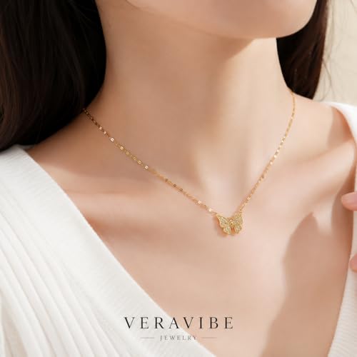 14K Gold Plated Butterfly Necklace and Earrings Set for Women | Dainty Cubic Zirconia Inlaid, Minimalist Stainless Steel Chain Choker, Elegant Trendy Jewelry Gifts