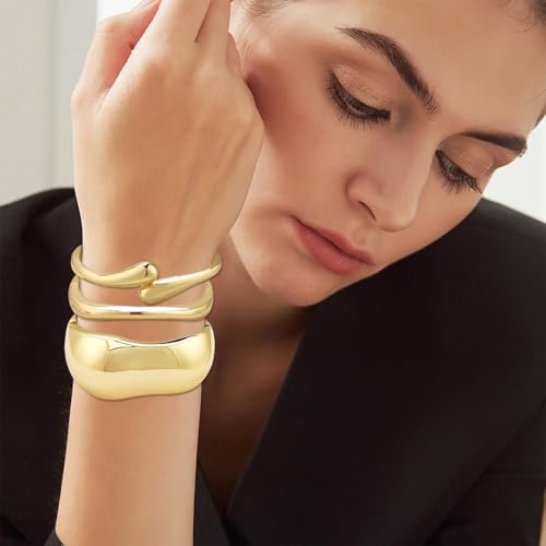Chunky Gold Bangle Bracelets for Women, 14K Gold Plated Wide Cuff Bracelet | Stackable Open Cuff Bangles, Trendy Statement Jewelry Gift for Women - color: Gold-12