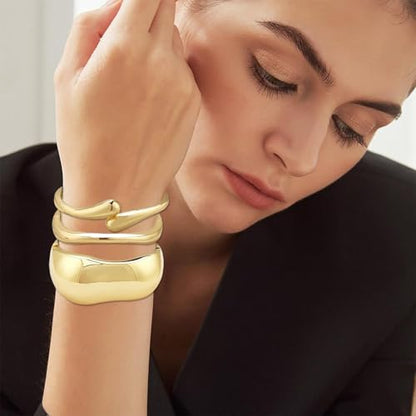 Chunky Gold Bangle Bracelets for Women, 14K Gold Plated Wide Cuff Bracelet | Stackable Open Cuff Bangles, Trendy Statement Jewelry Gift for Women - color: Gold-12
