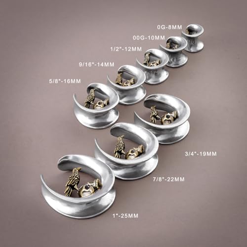 ERKUOO 2PCS 0g 00g-1" Gothic Golden Raven Skull Saddle Ear Gauge Spider Web Double Flared Plug Tunnels Expander Piercing Jewelry For Women Men 8mm-25mm - color: #3 Silver, size: 0g=8mm