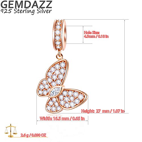 GEMDAZZ 925 Sterling Silver Valentines Day Charms Heart Charms, I Love You to The Moon and Back Pendant, Cupid Arrow and 4 Leaf Clover Beads fit European Bracelets, Gift for Lover/Wife/Girls - color: Rose Gold Sparkling Butterfly Charm
