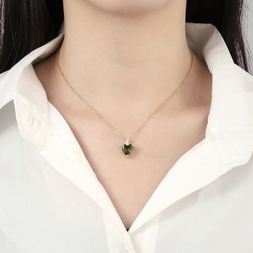 Heart Birthstone Necklace for Women, 14K Gold Plated Birthstone Pendant Necklace Cubic Zirconia Diamond Necklace Dainty Gold Necklace Birthday Gifts for Women Girls - color: 08. August(Peridot)