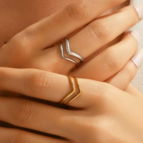 Gold & Silver V Shaped Adjustable Ring, Simple Non Tarnish Stainless Steel Womens Rings, Dainty Open Band,Anillos.