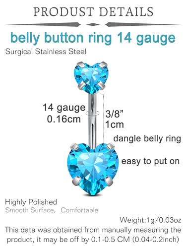 QWALIT Belly Button Rings 14G Surgical Steel Belly Rings CZ Opal Navel Piercing Jewelry for Women Girls 3/8" 10mm Silver Rose Gold - color: Blue