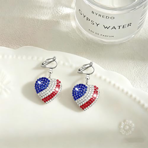 4th of July Independence Day Clip on Earring for Women American Flag Dangle Earrings Patriotic Red White Blue USA Earring, Pave Crystal Stud - color: blue
