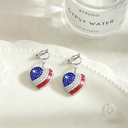 4th of July Independence Day Clip on Earring for Women American Flag Dangle Earrings Patriotic Red White Blue USA Earring, Pave Crystal Stud - color: blue