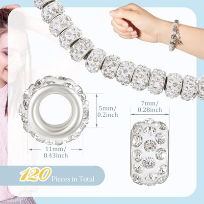 Junkin 120 Pcs Large Hole Beads 11 mm European Crystal Charm Spacer Rhinestone Colorful European Beads for Pens Making Bulk Beadable Pens Jewelry Making Supplies DIY Crafts Bracelet(Clear White) - color: Clear White