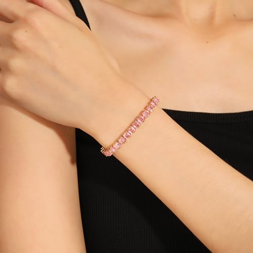 18K Gold Plated 5.0mm Pink Cubic Zirconia Tennis Bracelet|5.9-7.5in Multi-Size Classic Women's Tennis Bracelet - size: Square4mm 6.3 in/16cm
