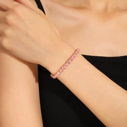 18K Gold Plated 5.0mm Pink Cubic Zirconia Tennis Bracelet|5.9-7.5in Multi-Size Classic Women's Tennis Bracelet - size: Square4mm 6.3 in/16cm