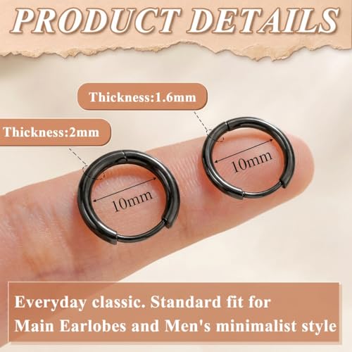 Surgical Steel Huggie Hoop Earrings & Flat Back Studs for Women Men, 6mm-14mm Small Hoops for Cartilage Helix Tragus Lobe, 1-10 Pairs Multiple Piercing Jewelry Set for Sensitive Ears - style: 1Pair,Black,10mm(THK:1.6mm)