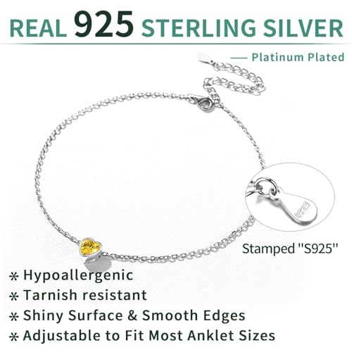 ChicSilver 925 Sterling Silver Anklets for Women, Simple Dainty Round/Heart Birthstone Ankle Bracelet Beach Foot Jewelry, 8.7-10.7 Inch Adjustable - color: 11. Heart - November(Yellow Topaz)