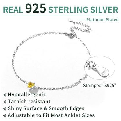 ChicSilver 925 Sterling Silver Anklets for Women, Simple Dainty Round/Heart Birthstone Ankle Bracelet Beach Foot Jewelry, 8.7-10.7 Inch Adjustable - color: 11. Heart - November(Yellow Topaz)