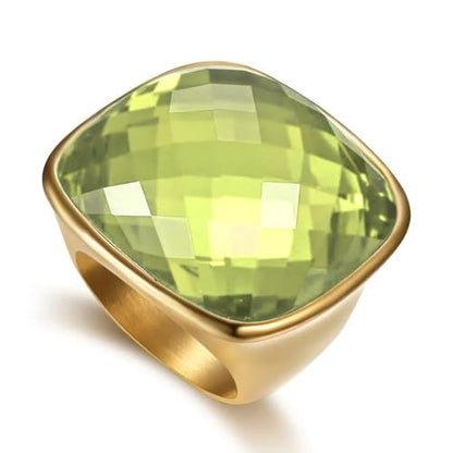 Chunky Square Crystal Glass Stainless Steel Statement Ring for Women Men Gold-Tone Plated Exaggerated Large Geometric Green Cubic Zirconia Finger Band Knuckle Rings Cocktail Prom Fashion Jewelry - color: Olive Green
