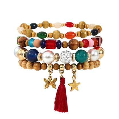 yfstyle Bohemian Stackable Beaded Bracelets for Women Boho Beads Bracelets with Star Butterfly Tassels Retro Stretch Wooden Beaded Bracelets Set Preppy Surfer Heishi Bracelets for Summer Vacation