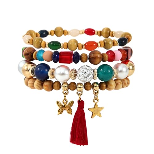 yfstyle Bohemian Stackable Beaded Bracelets for Women Boho Beads Bracelets with Star Butterfly Tassels Retro Stretch Wooden Beaded Bracelets Set Preppy Surfer Heishi Bracelets for Summer Vacation